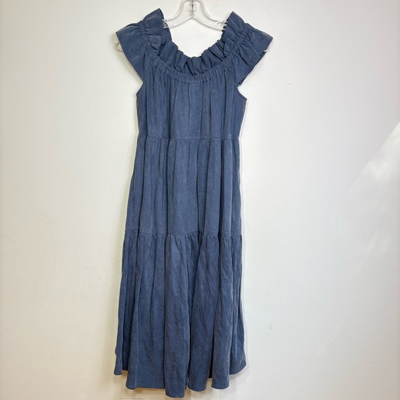 ULLA JOHNSON Olivia Off-the-Shoulder Tiered Ruffle Chambray Denim Linen Dress 2 - Picture 3 of 17